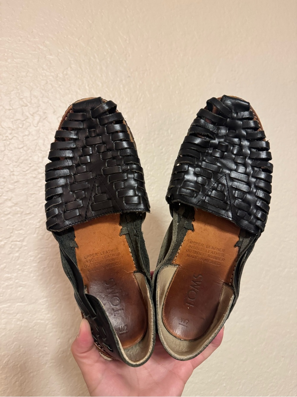 Toms Black Woven Leather Huarache Slip-On Flats